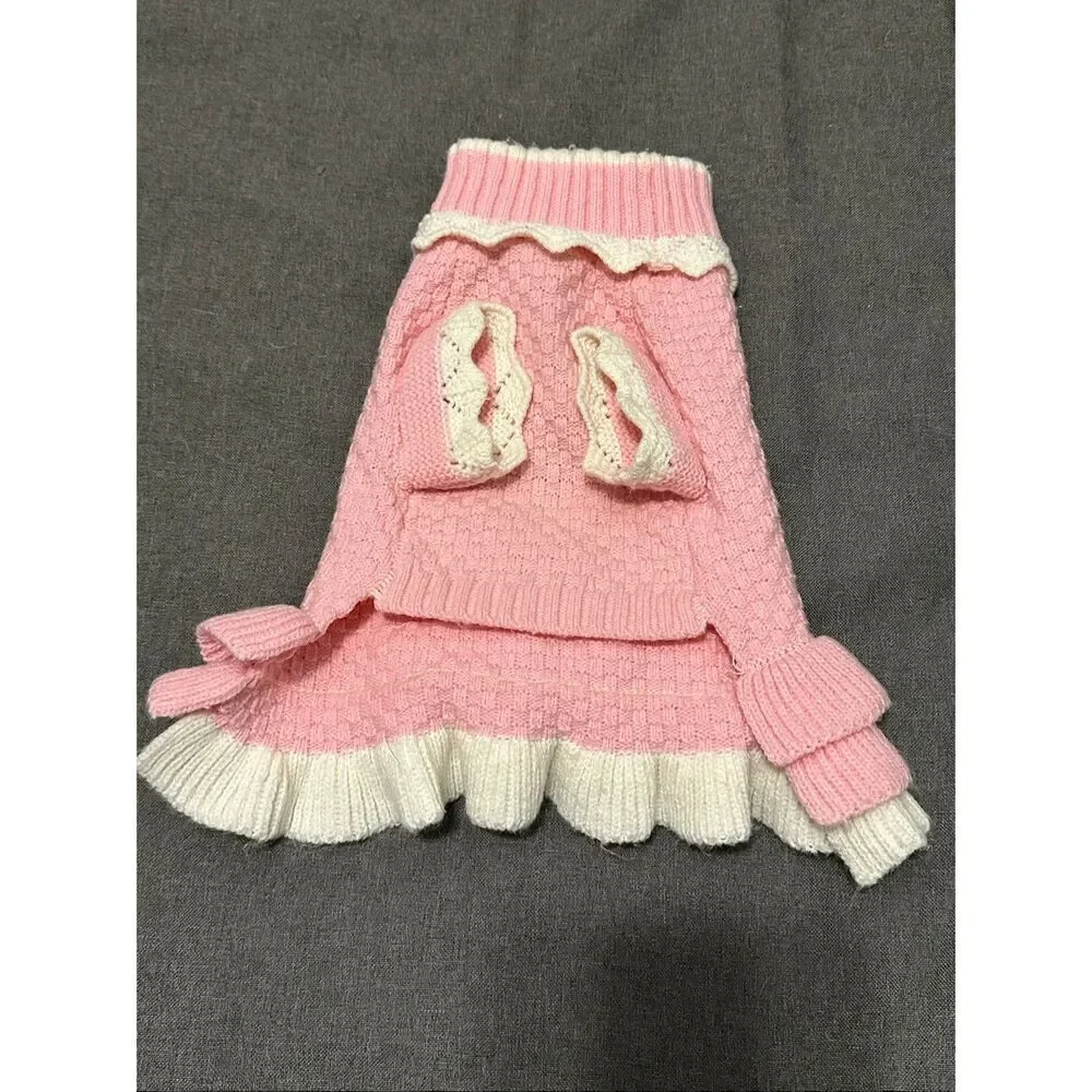 Joytale Pink Cream Knit Dog Sweater Dress Medium Ruffle Floral Pet Outfit